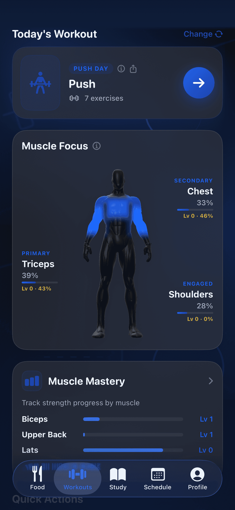 StudentFit Push Day screen mapping the muscle groups trained today.
