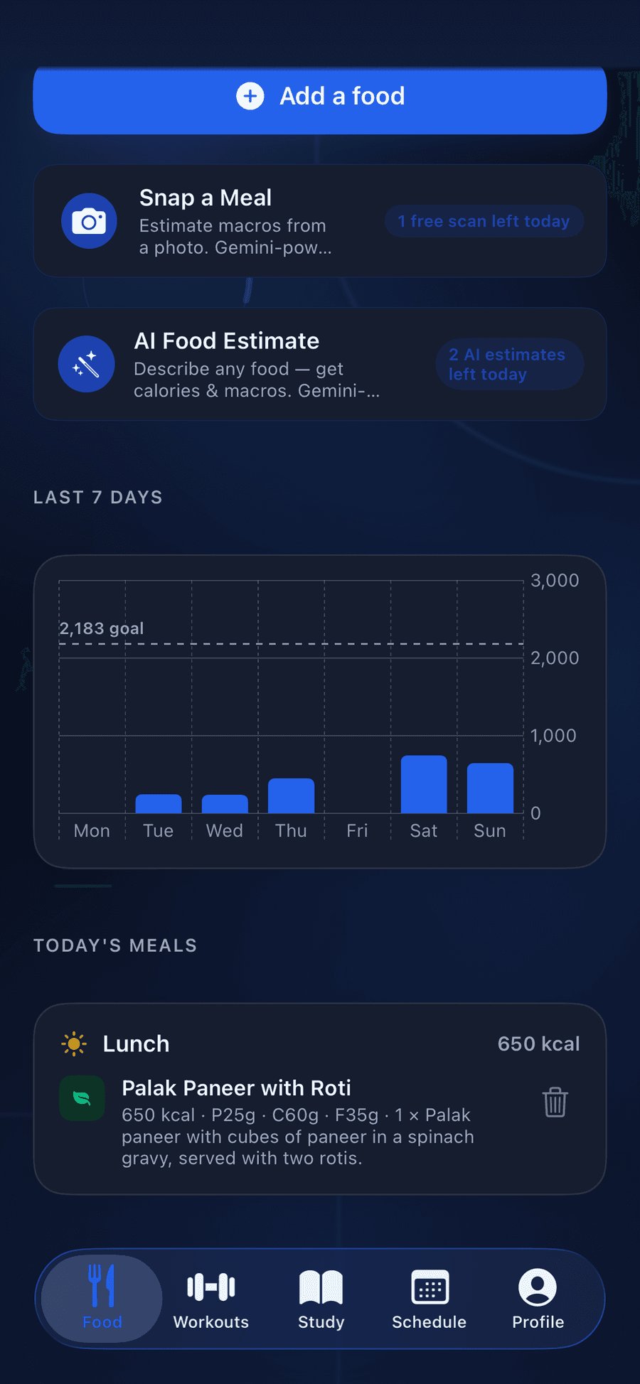 StudentFit Snap a Meal logger with a 7-day calorie chart and today's meals.